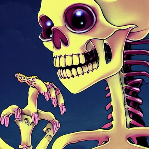 Image similar to manga fine details portrait of joyful skull girl skeleton, bokeh. The Simpsons anime masterpiece by Studio Ghibli. 8k render, sharp high quality anime illustration in style of Ghibli, artstation