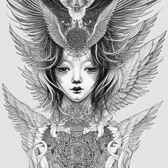 Prompt: stylized art of an psychedelic angelic celestial being by jung gi kim, trending on artstation, winged head, white gold skin, ayahuasca, sacred geometry, esoteric art, watercolor