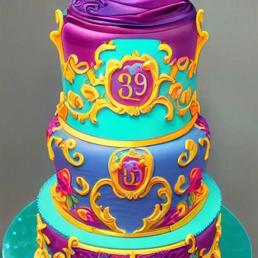 Prompt: fancy baroque cake light colors by greg hildebrandt and lisa frank