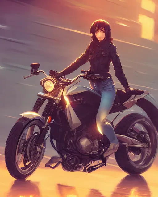 Image similar to a girl riding a motorcycle, full shot, atmospheric lighting, detailed face, by makoto shinkai, stanley artgerm lau, wlop, rossdraws