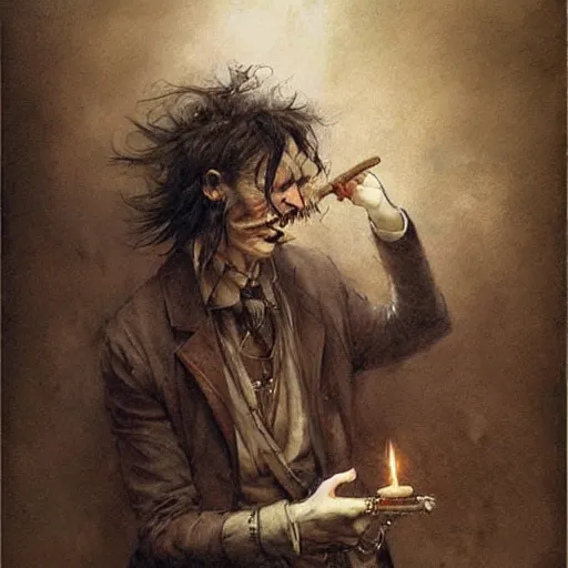 Image similar to ( ( ( ( ( van helping lighting a cigar, gothic, dark. muted colors. ) ) ) ) ) by jean - baptiste monge!!!!!!!!!!!!!!!!!!!!!!!!!!!