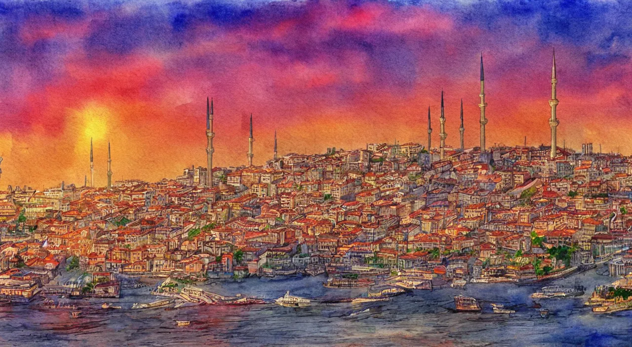 Prompt: skyline of istanbul at sunset, watercolor art, global illumination, god rays