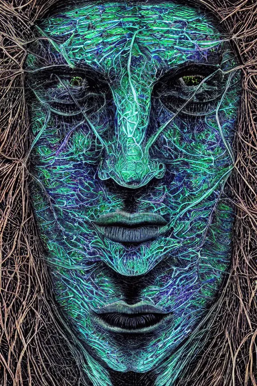 Image similar to dark portrait of one Bioluminescent old shaman, with cracked fractal semi-transparent skin. multicolored fish scales, closeup. long dark hair with insects and plant leaves. at night, realistic. intricate, very detailed, by alex grey and Moebius