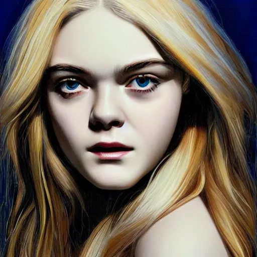 Image similar to professional painting of Elle Fanning in the style of Mike Deodato, head and shoulders portrait, symmetrical facial features, smooth, sharp focus, illustration, intricate, stormy weather, extremely detailed masterpiece,