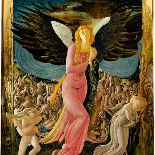 Prompt: angel falling into darkness by Sandro Botticelli, hernan bas, Epic Visionary art, highly detailed, dramatic lighting