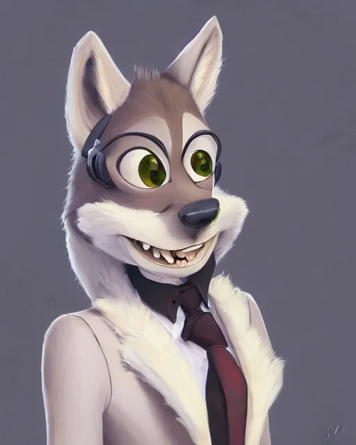 Image similar to oil painting of anthromorphic female wolf, in style of cory loftis, female fursona, furry, furaffinity, 4 k, deviantart, furry art, fursona art, wearing black business suit, business suit, in style of zootopia, wolf fursona, cyberpunk, female, very expressive detailed feminine face,