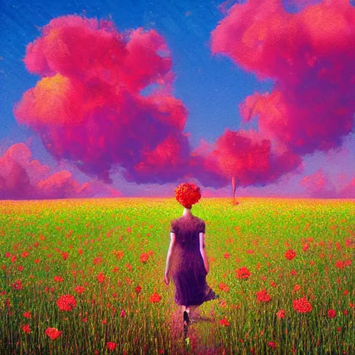 Prompt: giant red carnation head, full body, girl walking in the middle of a field with flowers, surreal photography, hills, sunrise dramatic light, impressionist painting, colorful clouds, digital painting, pointillism, artstation, simon stalenhag