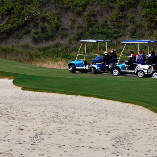 Prompt: parade of golf carts driving down shoreline of sandy beach.