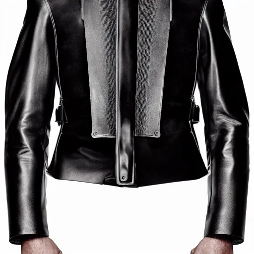 Prompt: a editorial photo of a male model wearing a designer medieval cropped leather menswear jacket by alexander mcqueen
