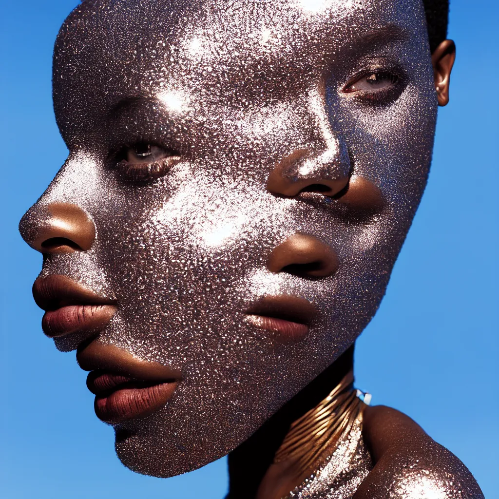 Prompt: portrait of metallic face, african woman, mercury, reflections, liquid metal, proud looking, outdoor, nature, blue sky, 8 k, realistic, depth of field, highly detailed, art photography