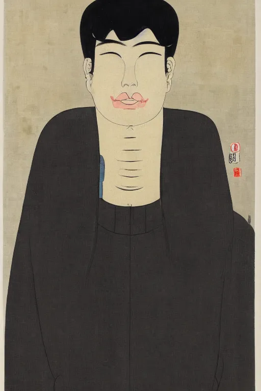 Image similar to portrait of young man wearing black medical mask, style of tsuguharu foujita