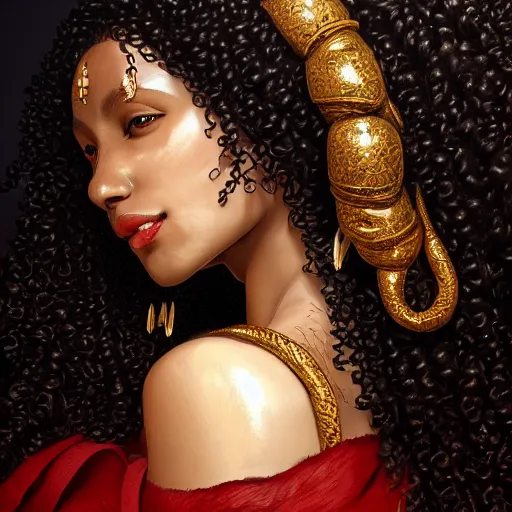 Image similar to character design, portrait of a attractive brown skinned woman with long black soft curly hair and blind white eyes, medieval, jewels, gold and red dress, painting by wlop and nixeu, beautiful, semirealism, artstation, octane render, sharpness, 8 k, golden ratio