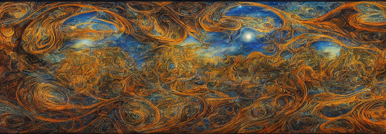 Prompt: a detailed vast mysterious landscape of visionary art and mystical animals at the end of time, painted by robert venosa, textures, displacement, normal map, bump map