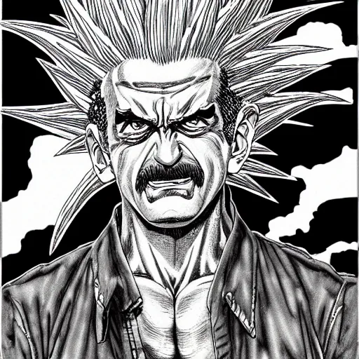 Prompt: Super Saiyan Frank Zappa manga panel award winning black and white art by Frank Zappa and Kim Jung Gi pen highly detailed pen and ink matte painting