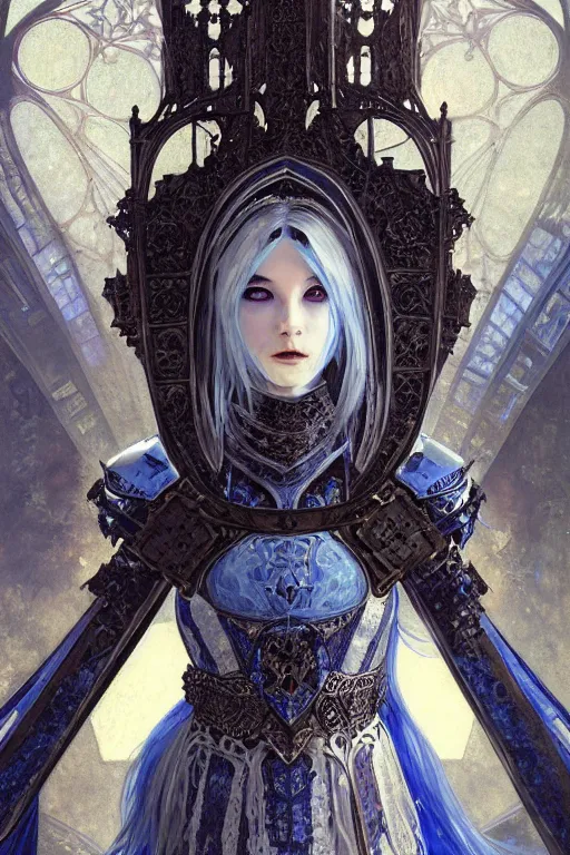 Image similar to beautiful luxury and gothic and victorian and evil medieval female blue & white color armor knight portrait+smoky eyes+light flowing hair, in ruin gothic cathedral, ultradetail face, art and illustration by tian zi and craig mullins and WLOP and alphonse mucha, fantasy, intricate complexity, human structure, fantasy world concept, watermark, blurry, hyperrealism 8k