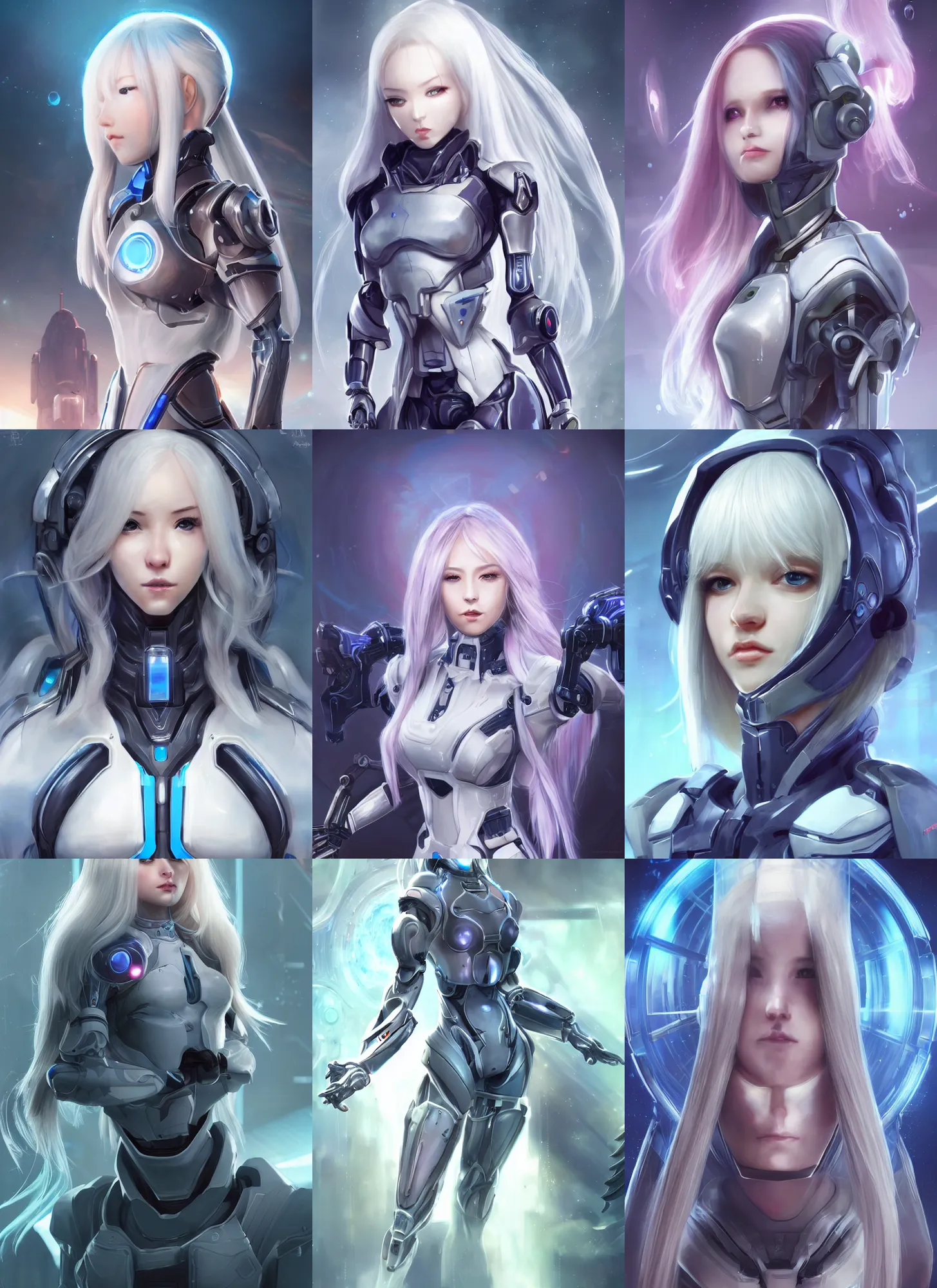 Image similar to perfect android girl, warframe armor, beautiful face, scifi, futuristic, space station, laboratory, kwak ji young, dreamy, long white hair, blue cyborg eyes, cinematic lighting, highly detailed, very cute, focused, artstation, divine, by gauthier leblanc, kazuya takahashi, huifeng huang, jama jurabaev