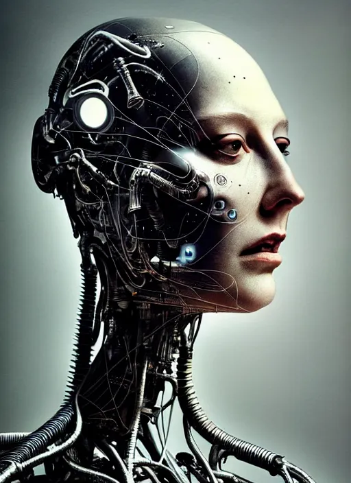 Image similar to a female cyborg profile face, by h. r. giger, by ismail inceoglu, by kiki smith, glamor shot, vintage, closeup, f / 2. 8, low contrast, 1 6 k, rim lighting, cinematic lighting, insanely detailed and intricate, hypermaximalist, elegant, ornate, hyper realistic, super detailed