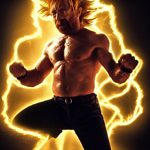 Image similar to uhd candid photo of cosmic chuck norris as a super sayian, glowing, global illumination, studio lighting, radiant light, detailed, correct face, elaborate intricate costume. photo by annie leibowitz