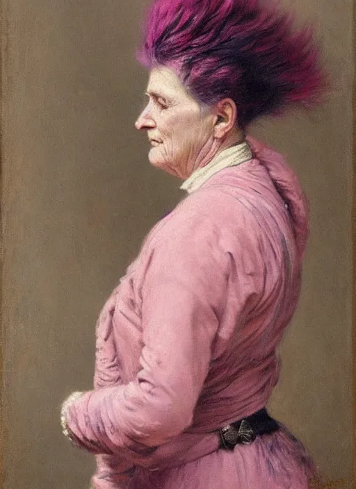 Prompt: a detailed portrait of old woman with a mohawk by edouard bisson, year, 1 9 0 0, pink hair, punk rock, oil painting, muted colours, soft lighting