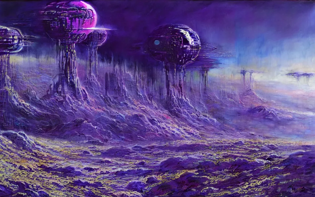 Image similar to a futurist cybernetic purple wilderness, future perfect, award winning digital art by alan bean and bruce pennington