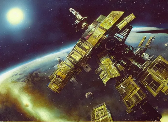 Prompt: abandoned space station drifting in deep space, cinematic matte painting, peter elson, chris foss, john berkey, terran trade authority