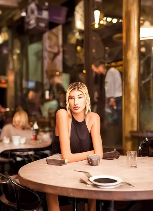 Prompt: hailey baldwin as a vampire, sitting down behind table, restaurant, photography