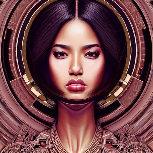 Image similar to ( ( ( portrait of tech goddess ) ) ), zoom, rule of thirds, atmosphere, intricate, regal, latinas, ( brown skin ), symmetrical!!, loreal, maybelline, sephora, loreal, artstation, art by artgerm and gonzalo ordonez arias, moody, concept art, filmic, vsco