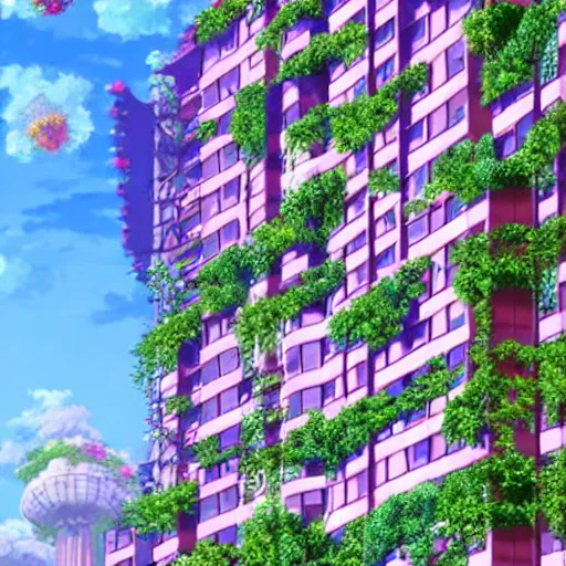 Prompt: anime of beautiful arcology apartment building with vines and hanging flowers on every balcony, lush, by studio ghibli and breath of the wild