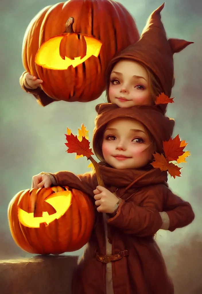 Image similar to hand drawn cute one gnomes face in autumn disguise holding pumpkin, detailed closeup face, concept art, low angle, high detail, warm lighting, volumetric, godrays, vivid, beautiful, trending on artstation, art by artgerm and greg rutkowski and alphonse mucha