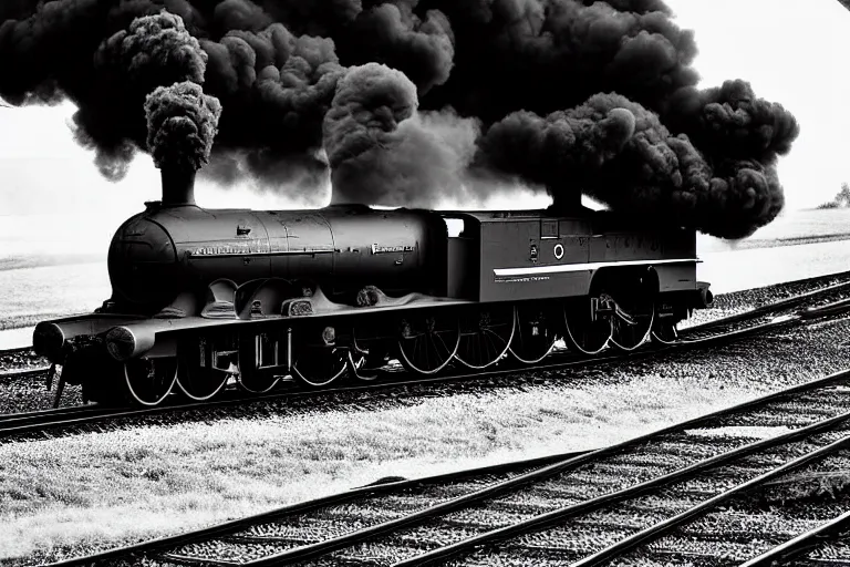 Prompt: black and white photograph of lner a 4 mallard thundering down the rails at high speed, black smoke coming from the locomotive, cinematic, volumetric light, f 6 aperture, cinematic eastman 5 3 8 4 film