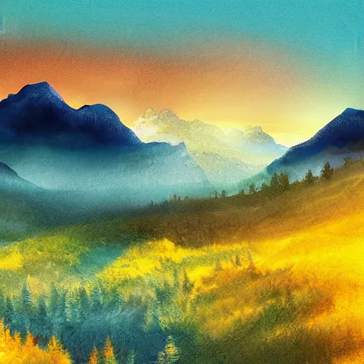 Image similar to magical landscape, mountains, misty, blue, yellow sky, digital art