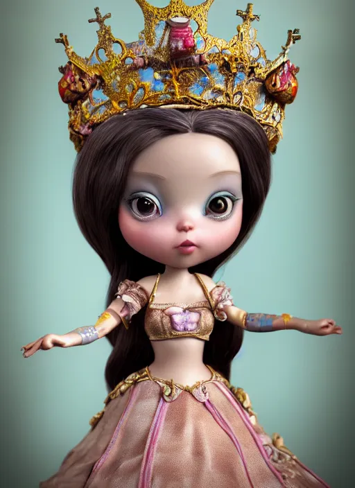 Image similar to highly detailed closeup, face profile portrait of a tin toy fairytale princess wearing a crown, bikini, unreal engine, nicoletta ceccoli, mark ryden, earl norem, lostfish, global illumination, detailed and intricate environment