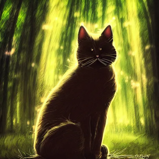 Image similar to portrait of a cat in a forest, by kawacy, sunlight, trending on pixiv, bokeh, furry art, anime, dramatic lighting, digital art