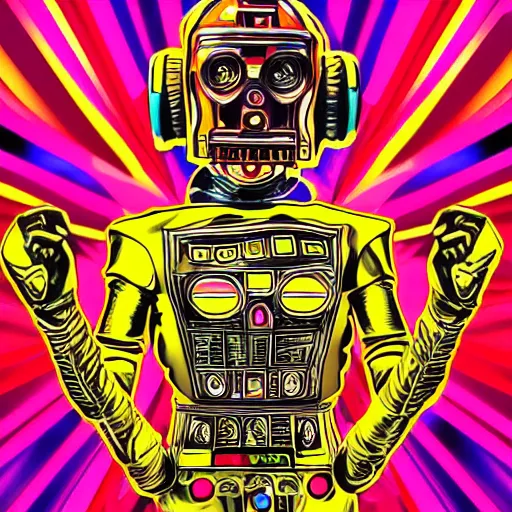 Image similar to artgerm, psychedelic laughing c 3 p 0, rocking out, headphones dj rave, digital artwork, r. crumb, svg vector