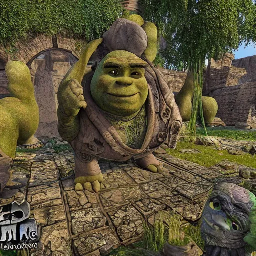 Prompt: Shrek statues in an ancient collapsing temple to Shrek discovered deep in the swamps, 4k render, octane, ancient ogre imagery, tribal war god, dark amazonian temple, onion statue, gargoyle-like decorations in the style of Donkey. hyper-detailed, intricate, hallowed swampland, Shrek (2003) by DreamWorks animation