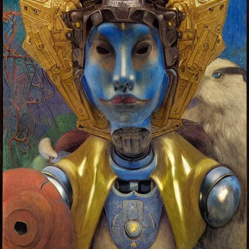 Image similar to the robot princess with her bird mask, by annie swynnerton and diego rivera and elihu vedder, symbolist, dramatic lighting, elaborate geometric ornament, head and shoulders, art brut, soft cool colors, smooth, sharp focus, extremely detailed, adolf wolfli and donato giancola