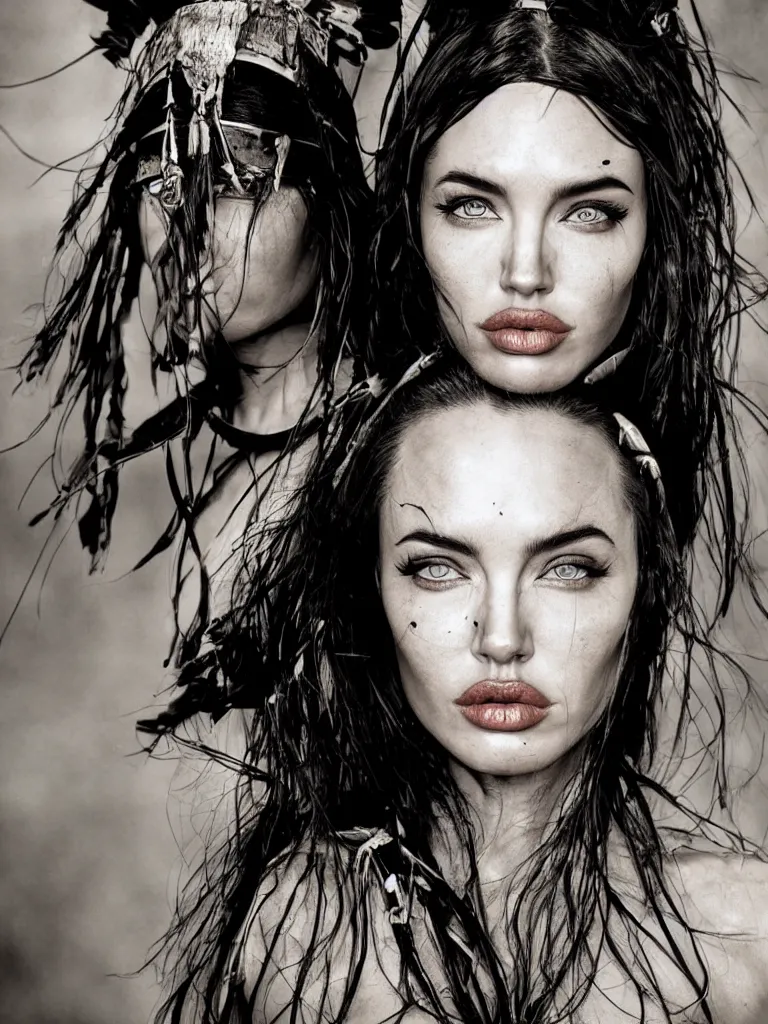 Image similar to photo, warrior, native beauty, nose of Angelina Jolie, lips of Megan Fox, big symmetrical eyes of Bjork, award winning photography by Leonardo Espina