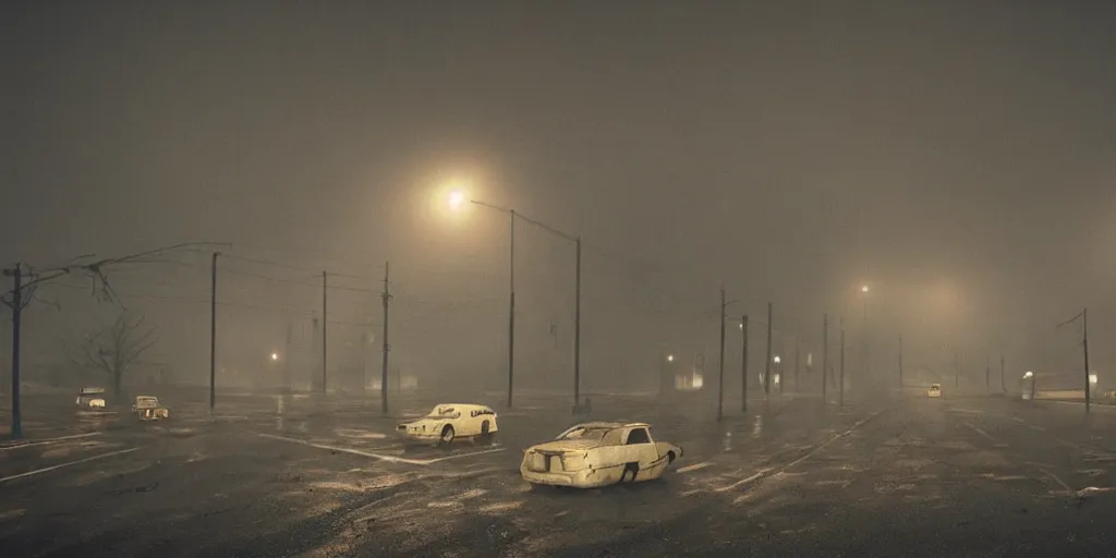 Image similar to silent hill in real life, desolate town, empty streets, nightmarish, some rusted retro futuristic parked cars, overcast, blankets of fog pockets, rain, volumetric lighting, beautiful, night time, autumn, sharp focus, ultra detailed, cgsociety