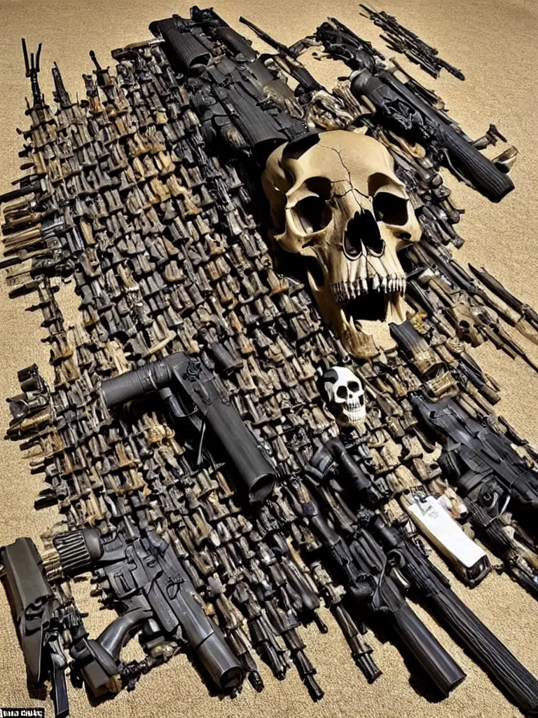 Image similar to animal skull made of rifles, animal bones made of guns, ultra-realistic, intricate details photograph
