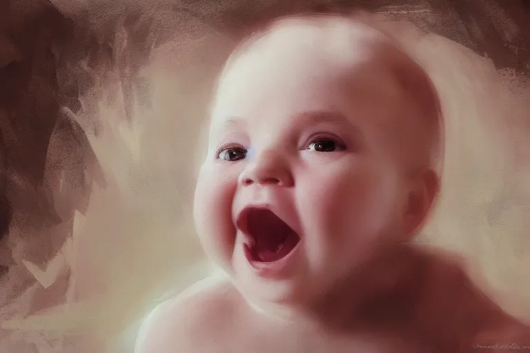 Image similar to concept art of a squealing white baby. by ashley wood and j. m. w. turner, speed painting, photo bash, cinematic angle, super detailing,