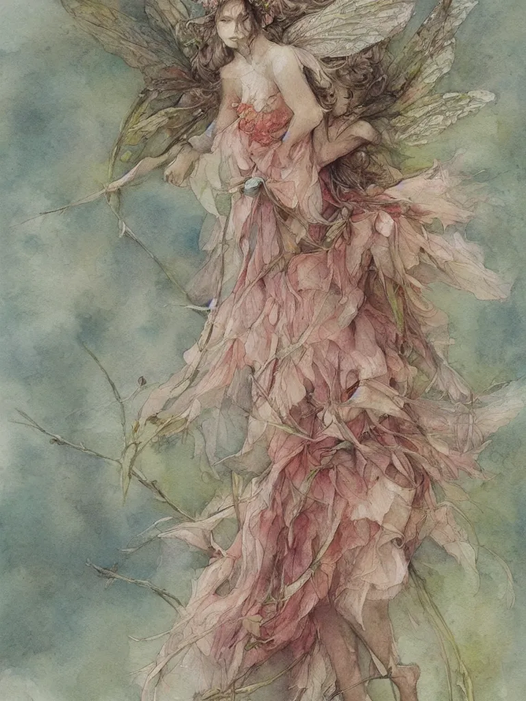 Image similar to study of a flower fairy, illustration, watercolor, alan lee, detailed, pretty, ethereal, realistic, artstation,