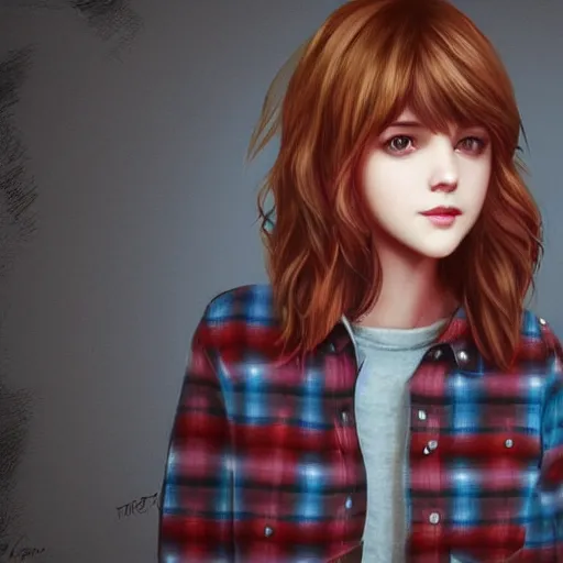 Prompt: max caulfield wearing a red plaid flannel shirt, fantasy, intricate, young and cute girl, highly detailed, digital painting, artstation, concept art, smooth, sharp focus, illustration