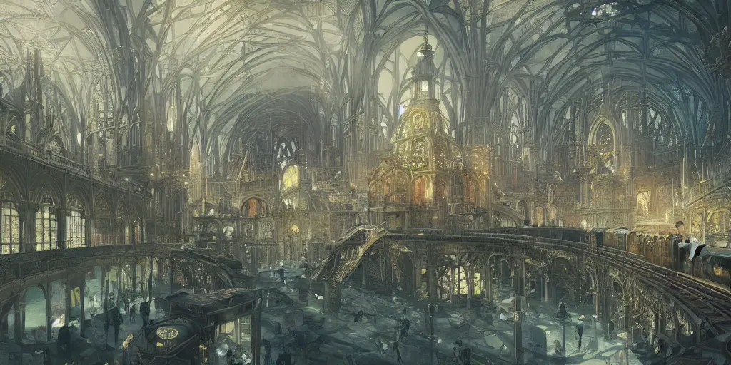 Prompt: neo - gothic train station of massive proportions in an underwater city, illustration by yoann lossel