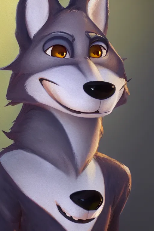 Image similar to oil painting of anthromorphic female wolf, in style of zootopia, female fursona, furry, furaffinity, 4 k, deviantart, furry art, fursona art, wearing black business suit, business suit, wolf fursona, female, smug expression,