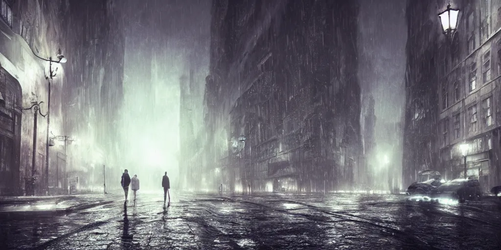 Image similar to a cold and melancholic city in a dark cavern, rainy and gloomy atmosphere, fantasy digital art, octane render, beautiful composition, trending on artstation, award - winning photograph, masterpiece