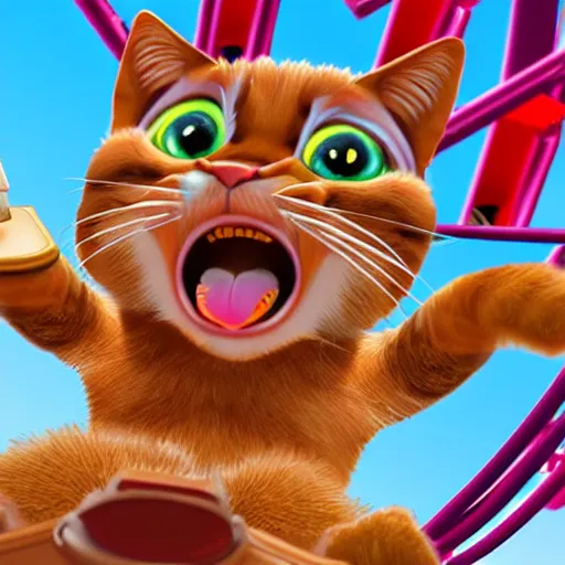 Image similar to selfie of a shouting cat riding a roller - coaster, highly - detailed realistic award - winning