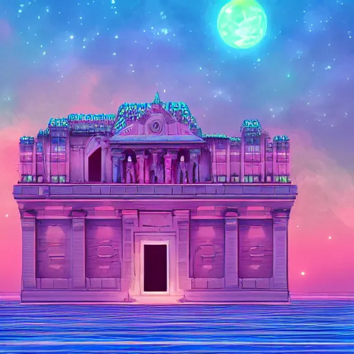 Image similar to ancient palace floating in the space, retrowave epic art, trending on art station