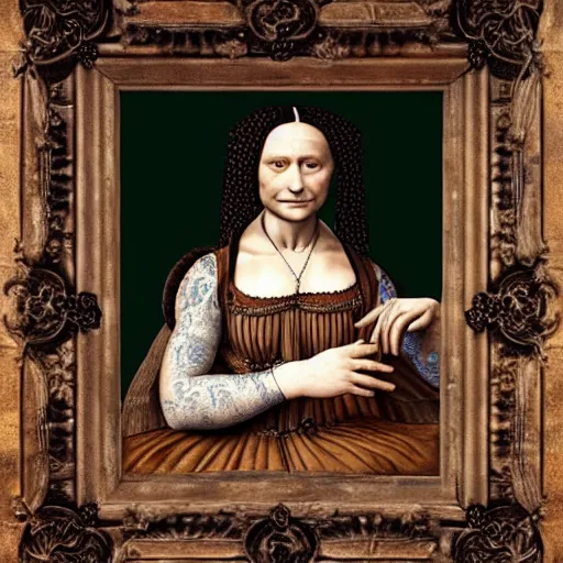 Image similar to ultra detailed, 4 k portrait of a tattooed woman wearing a baroque dress, fully dressed by leonardo da vinci