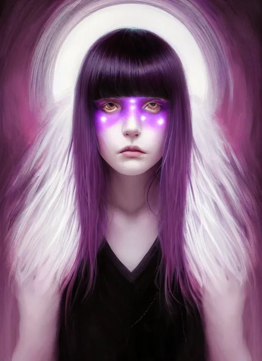 Image similar to portrait of teenage girl with white bangs, red irises, bangs, black and white hair, purple clothes, white bangs, two color hair, black hair and white bangs, intricate, elegant, glowing lights, highly detailed, digital painting, artstation, concept art, smooth, sharp focus, illustration, art by wlop, mars ravelo and greg rutkowski