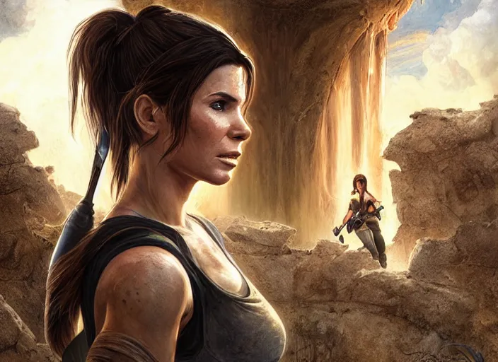 Image similar to face portrait of concentrated young Sandra Bullock as Lara Croft with pig-tails entering an incredible epic ruin, glorious sun beams, intricate, elegant, highly detailed, digital painting, short focus, illustration, Allan Lee, John Howe